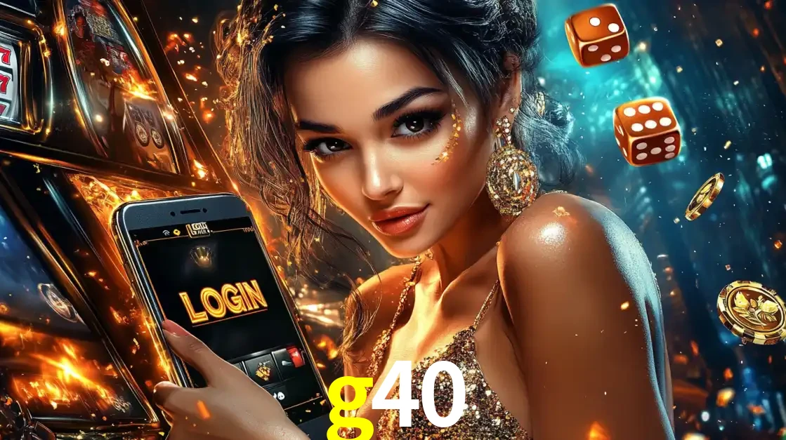 Mulher glamourosa segurando um celular com a tela de login do cassino g40, rodeada por dados e moedas douradas, pronta para começar a diversão.