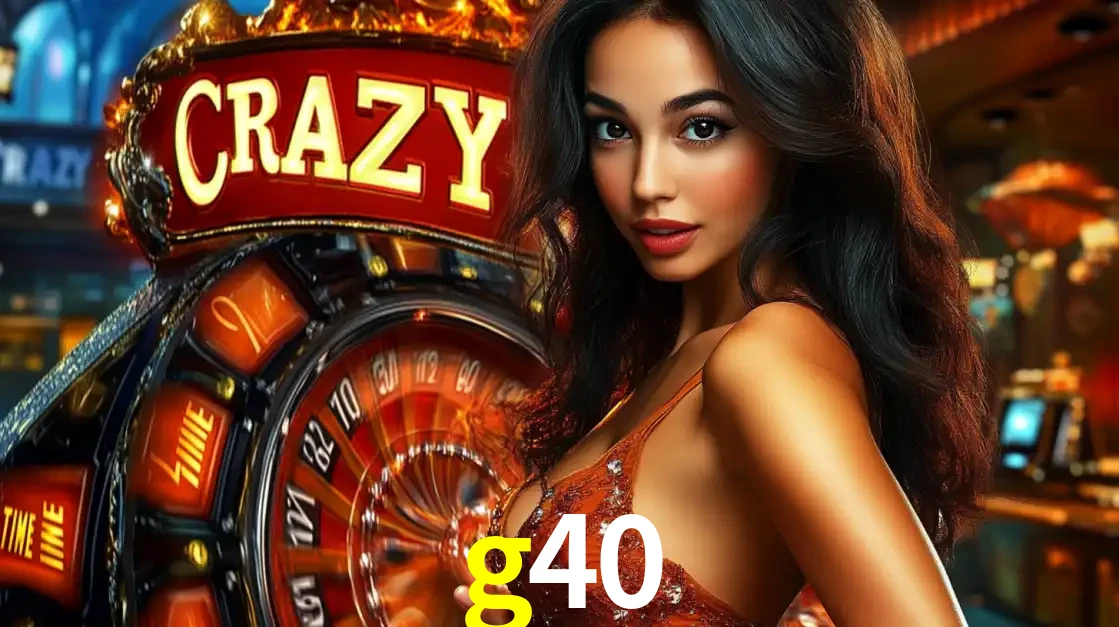 Mulher glamourosa olhando para a câmera com a roda vermelha do Crazy Time ao fundo em um ambiente de cassino, destacando a emoção dos jogos ao vivo no g40.