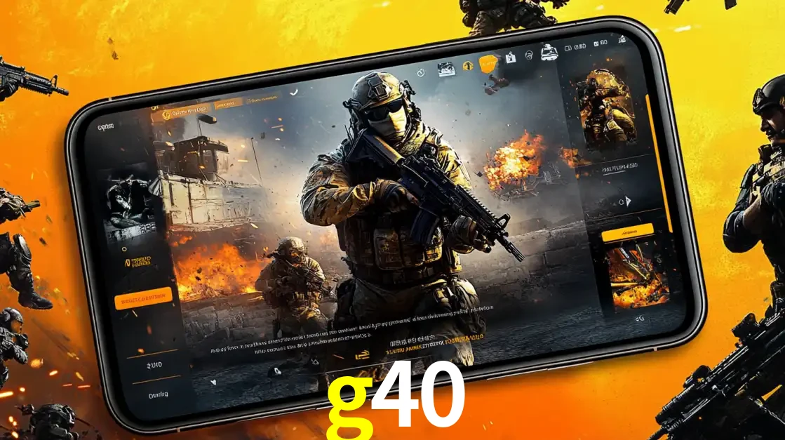 Um smartphone exibindo a interface de um jogo de tiro em primeira pessoa, com um soldado em um cenário de batalha, representando a ação dos e-sports para apostar no g40.