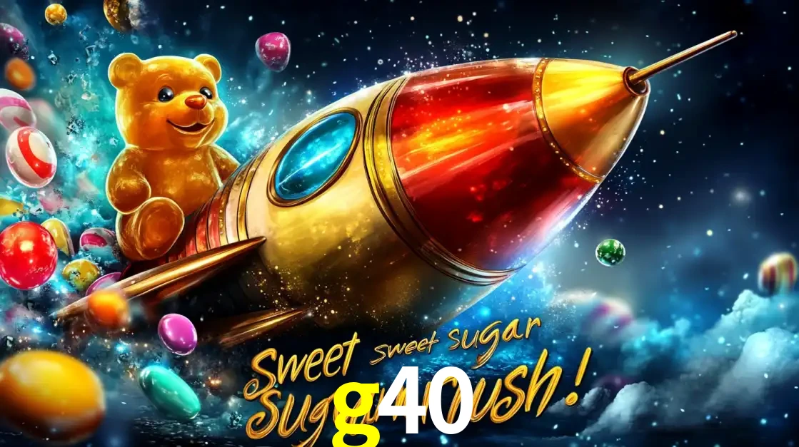 Arte promocional do jogo de slot Sugar Rush, com um urso de pelúcia em um foguete viajando pelo espaço de doces, um dos jogos divertidos disponíveis no cassino g40.