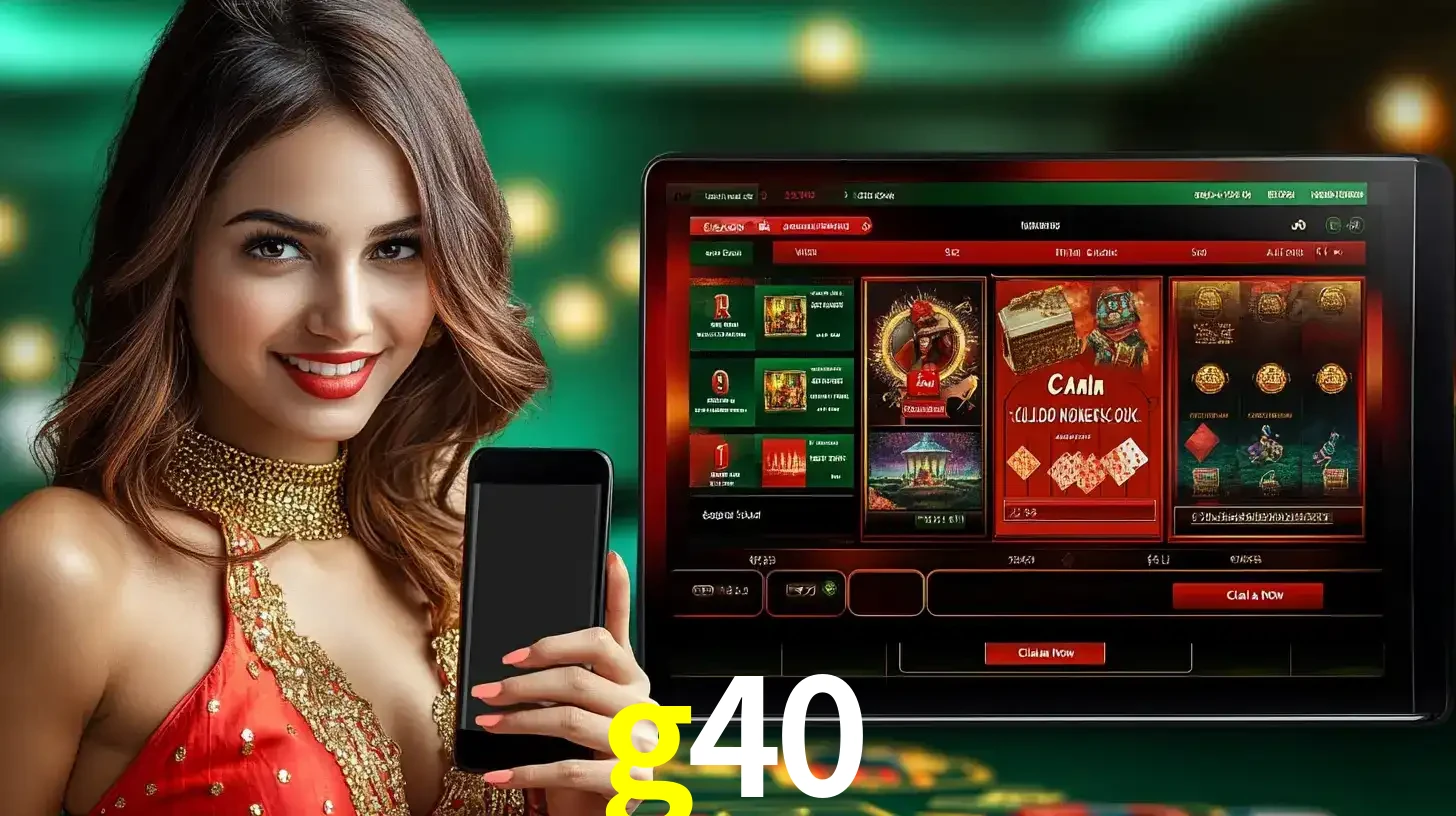 Mulher sorridente segurando um smartphone, ao lado de uma tela exibindo o lobby de jogos do cassino online g40, com várias opções de jogos de cartas e slots.